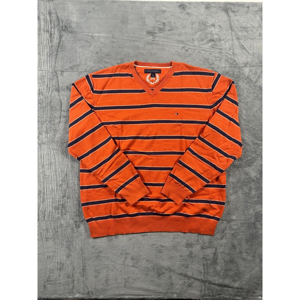 Tommy Hilfiger Mens XL V-Neck Sweater Orange Navy Blue Striped Pullover Knit